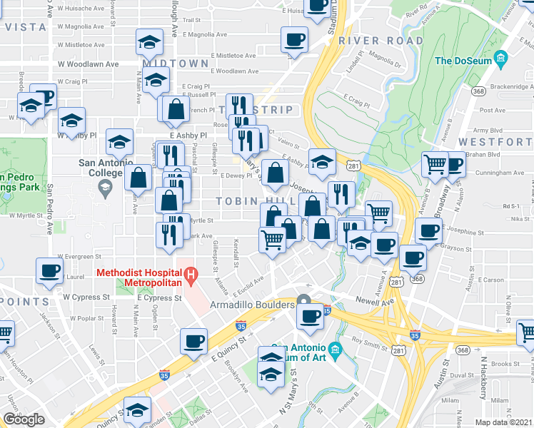 map of restaurants, bars, coffee shops, grocery stores, and more near 2107 N St Mary's St in San Antonio