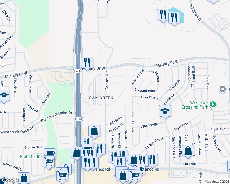 map of restaurants, bars, coffee shops, grocery stores, and more near 11526 Montauk in San Antonio