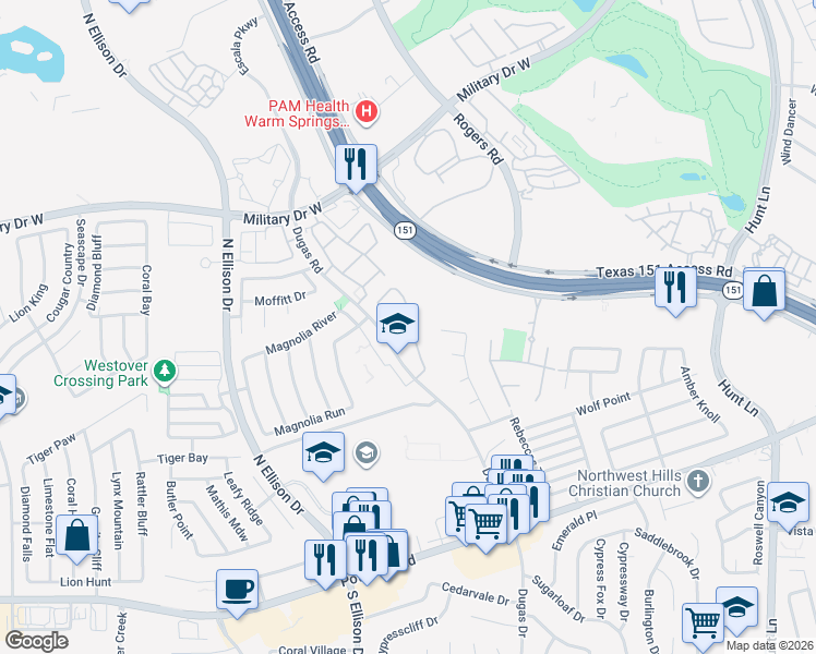 map of restaurants, bars, coffee shops, grocery stores, and more near 9032 Dugas Road in San Antonio