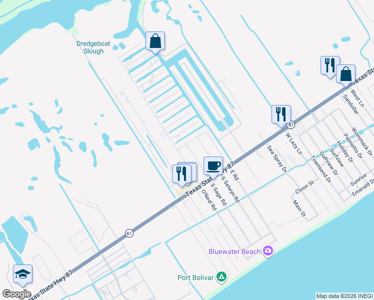 map of restaurants, bars, coffee shops, grocery stores, and more near 1052 North Sage Road in Bolivar Peninsula