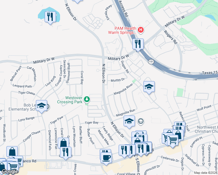map of restaurants, bars, coffee shops, grocery stores, and more near 1106 Sampson Drive in San Antonio
