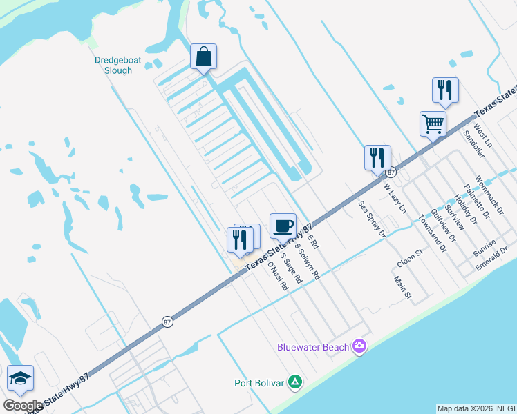 map of restaurants, bars, coffee shops, grocery stores, and more near 1052 North Sage Road in Bolivar Peninsula
