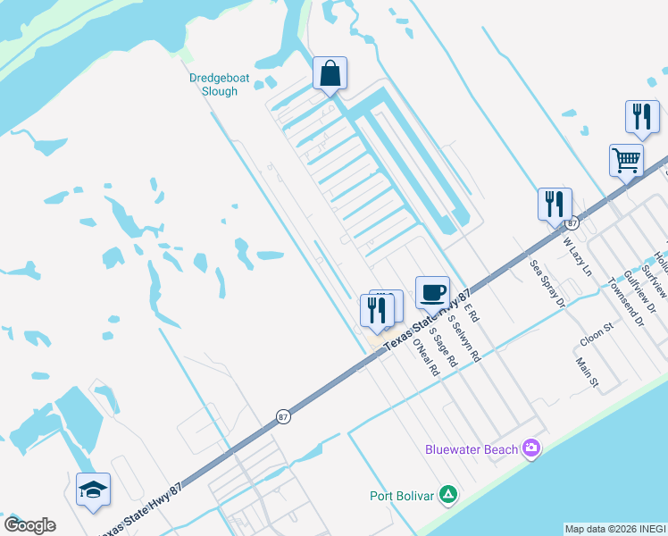 map of restaurants, bars, coffee shops, grocery stores, and more near 1121 North Jacks Road in Bolivar Peninsula