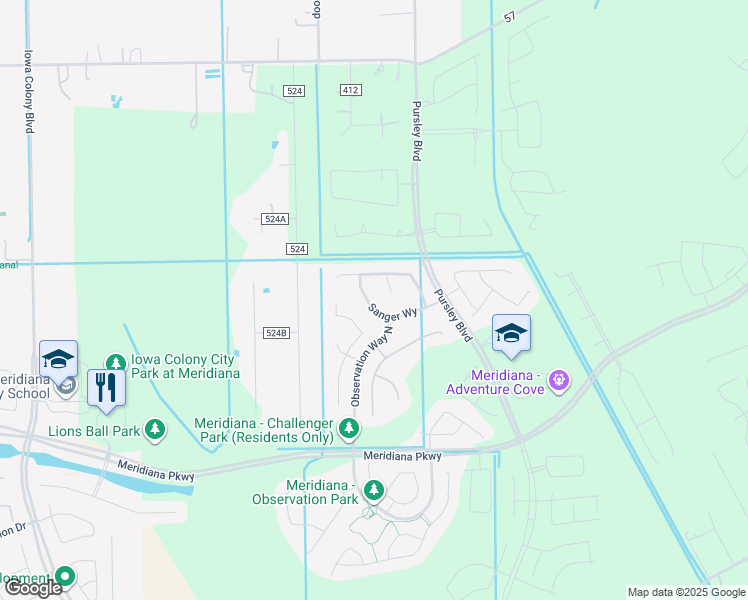map of restaurants, bars, coffee shops, grocery stores, and more near 9523 Sanger Way in Manvel