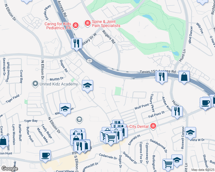 map of restaurants, bars, coffee shops, grocery stores, and more near 9703 Buffalo Peak in San Antonio