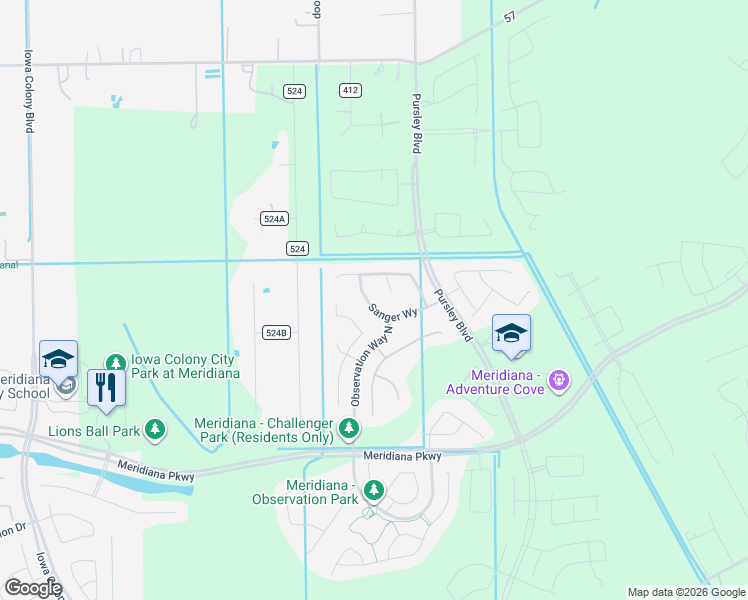map of restaurants, bars, coffee shops, grocery stores, and more near 9523 Sanger Way in Manvel