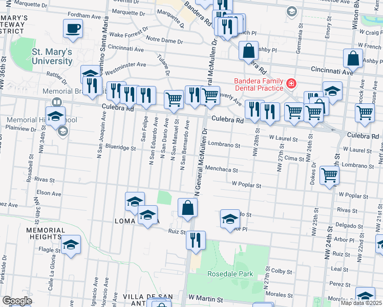 map of restaurants, bars, coffee shops, grocery stores, and more near 603 North San Augustine Avenue in San Antonio