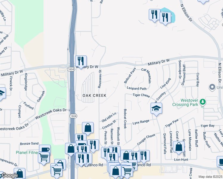 map of restaurants, bars, coffee shops, grocery stores, and more near 11526 Montauk in San Antonio