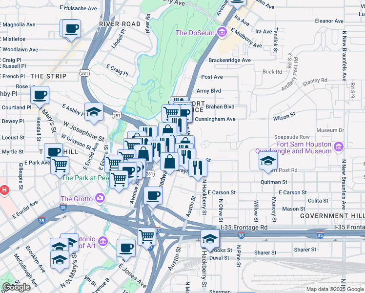 map of restaurants, bars, coffee shops, grocery stores, and more near 2023 North Alamo Street in San Antonio