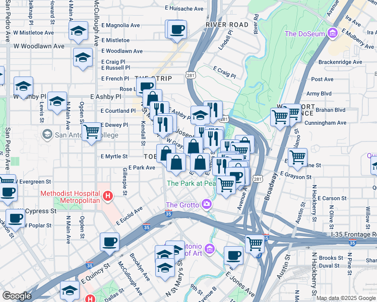 map of restaurants, bars, coffee shops, grocery stores, and more near 238 West Grayson Street in San Antonio
