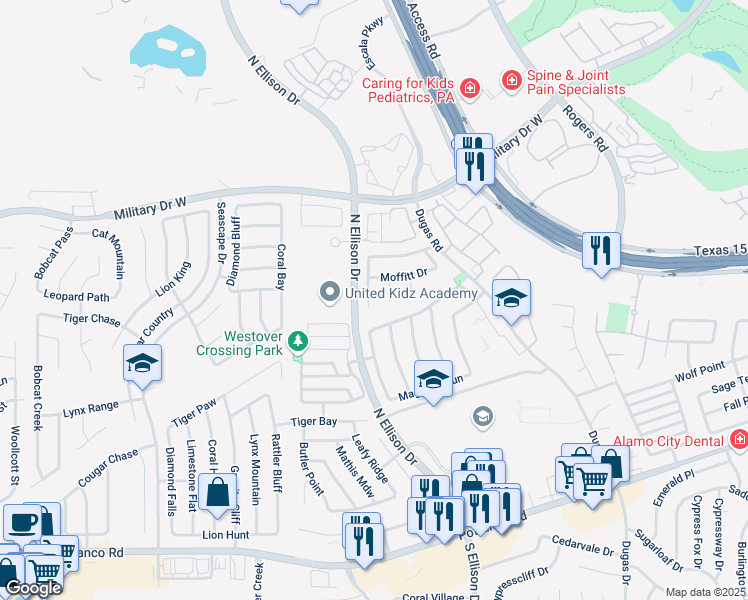 map of restaurants, bars, coffee shops, grocery stores, and more near 1106 Sampson Drive in San Antonio