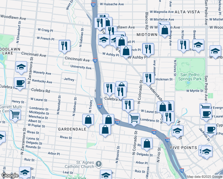 map of restaurants, bars, coffee shops, grocery stores, and more near 331 Cornell Avenue in San Antonio