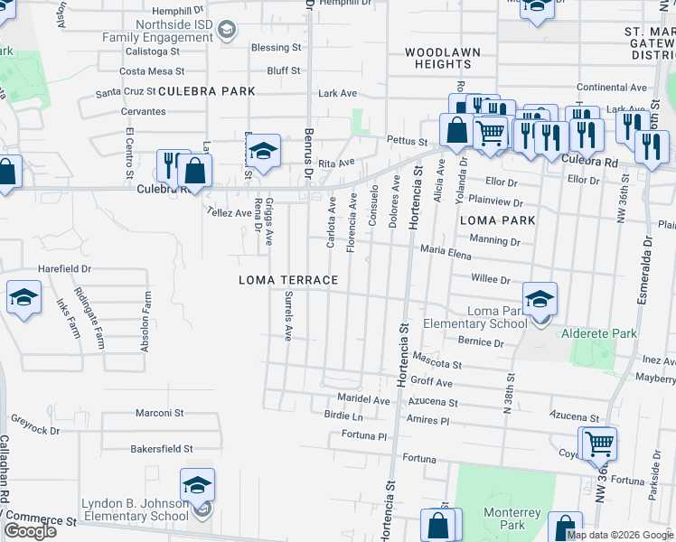map of restaurants, bars, coffee shops, grocery stores, and more near 215 Carlota Avenue in San Antonio