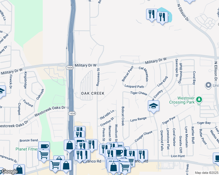 map of restaurants, bars, coffee shops, grocery stores, and more near 11526 Montauk in San Antonio