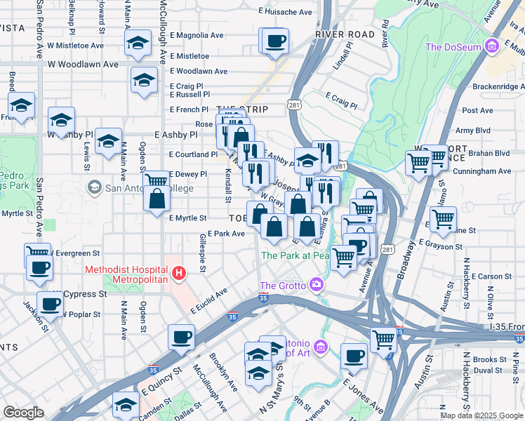 map of restaurants, bars, coffee shops, grocery stores, and more near 2020 North Saint Mary's Street in San Antonio