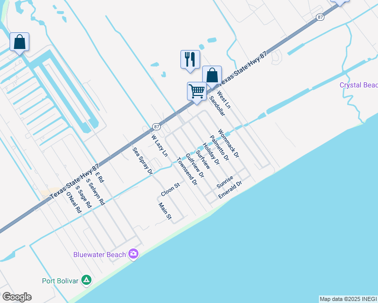 map of restaurants, bars, coffee shops, grocery stores, and more near 954 Townsend Drive in Bolivar Peninsula