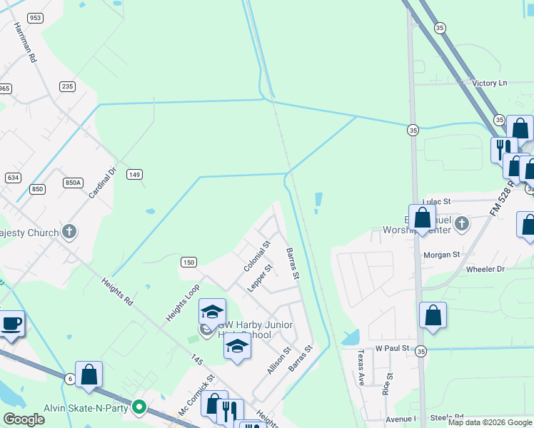 map of restaurants, bars, coffee shops, grocery stores, and more near 2189 Ann Street in Alvin