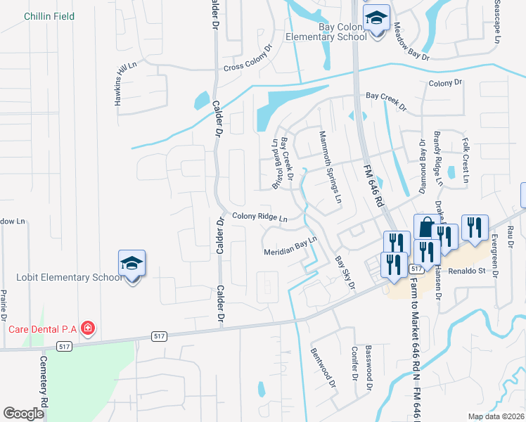 map of restaurants, bars, coffee shops, grocery stores, and more near 2957 Stone Spring Lane in Dickinson