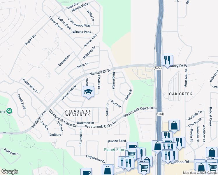 map of restaurants, bars, coffee shops, grocery stores, and more near 1518 Kingsbridge in San Antonio
