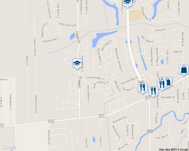 map of restaurants, bars, coffee shops, grocery stores, and more near 2957 Stone Spring Lane in Dickinson