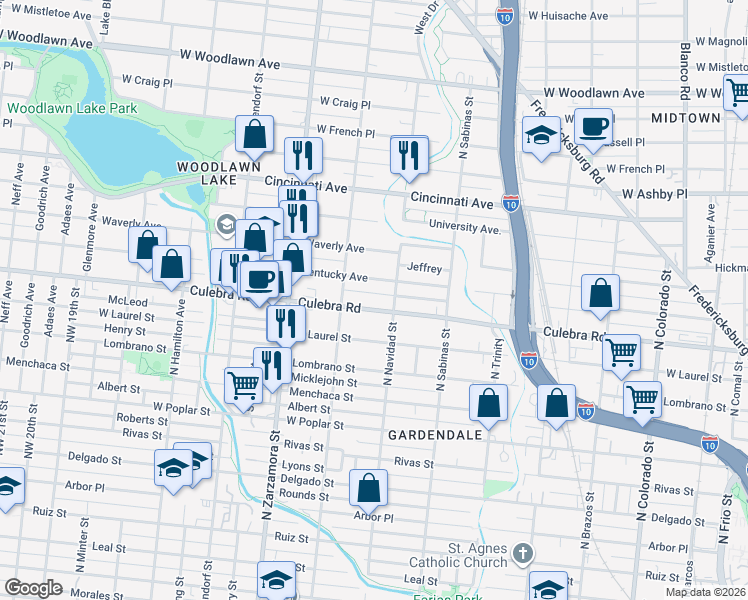 map of restaurants, bars, coffee shops, grocery stores, and more near 925 Culebra Road in San Antonio