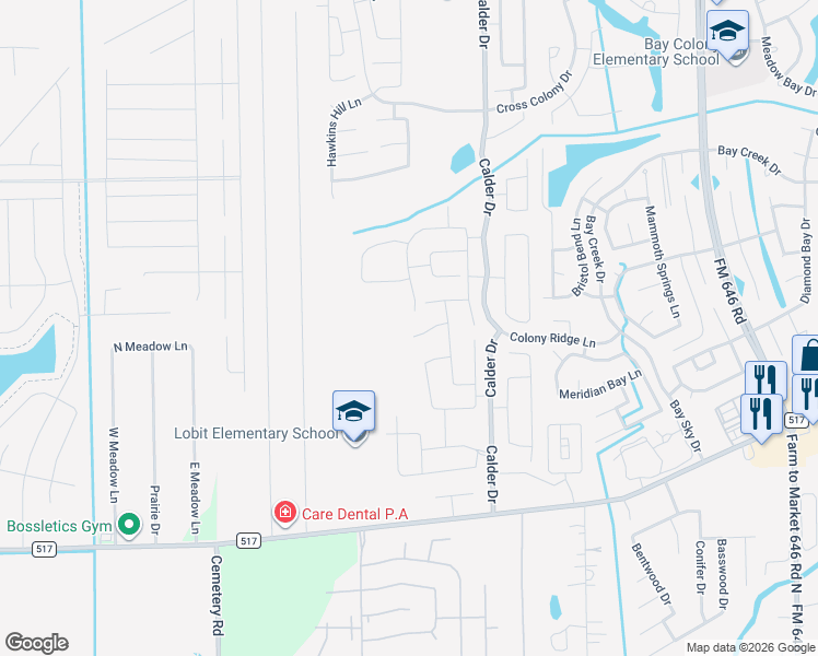 map of restaurants, bars, coffee shops, grocery stores, and more near 3058 Arbor Ranch Court in Dickinson