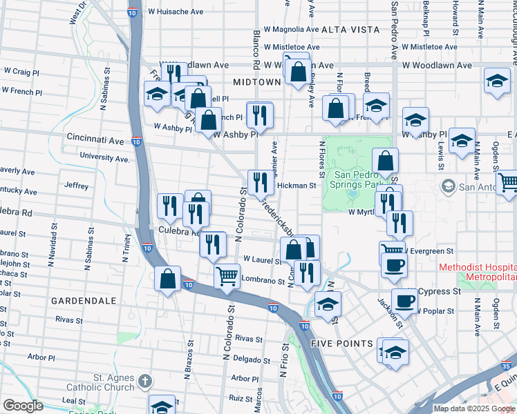 map of restaurants, bars, coffee shops, grocery stores, and more near 135 Cornell Avenue in San Antonio