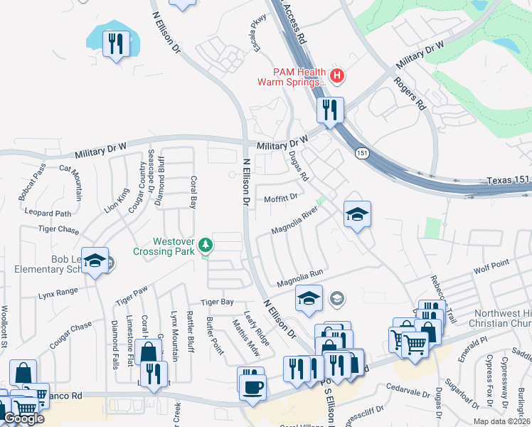 map of restaurants, bars, coffee shops, grocery stores, and more near 1106 Sampson Drive in San Antonio