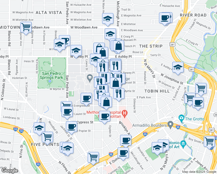 map of restaurants, bars, coffee shops, grocery stores, and more near 131 East Myrtle Street in San Antonio