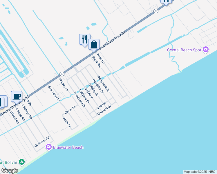 map of restaurants, bars, coffee shops, grocery stores, and more near 866 Wommack in Bolivar Peninsula