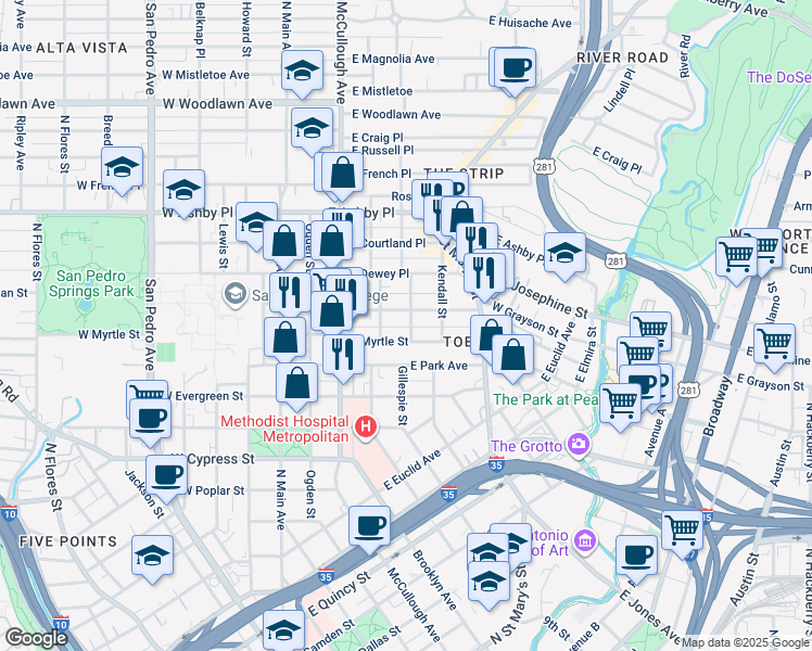 map of restaurants, bars, coffee shops, grocery stores, and more near 401 East Myrtle Street in San Antonio