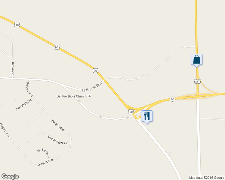 map of restaurants, bars, coffee shops, grocery stores, and more near Hwy 90 in Del Rio