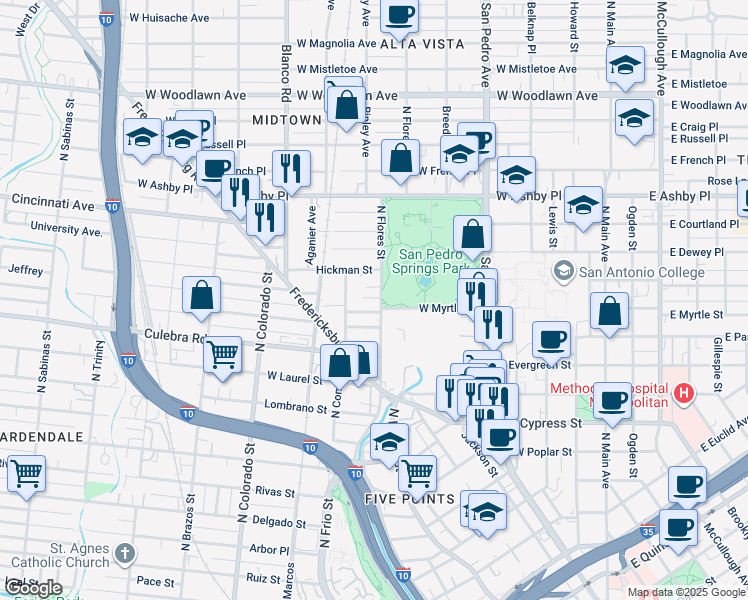 map of restaurants, bars, coffee shops, grocery stores, and more near 1911 North Flores Street in San Antonio