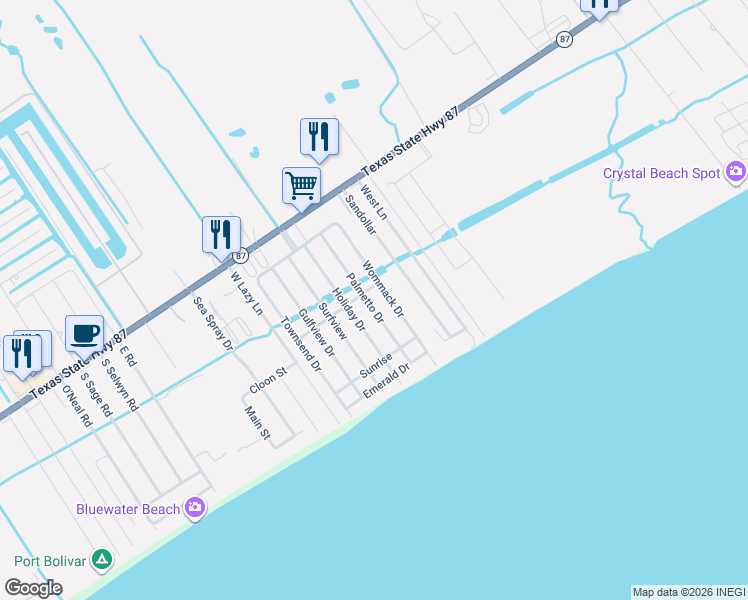 map of restaurants, bars, coffee shops, grocery stores, and more near 873 Palmetto Drive in Bolivar Peninsula