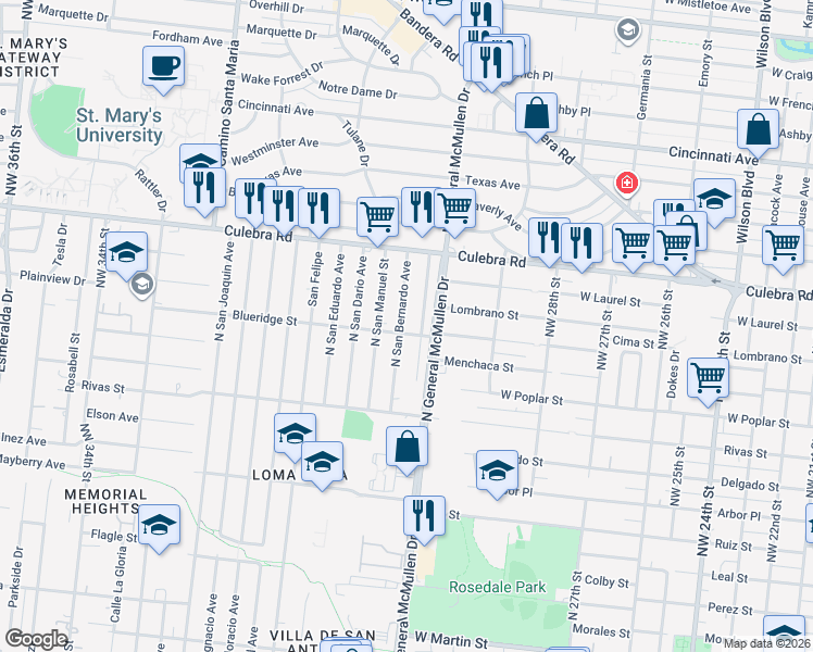 map of restaurants, bars, coffee shops, grocery stores, and more near 603 North San Augustine Avenue in San Antonio