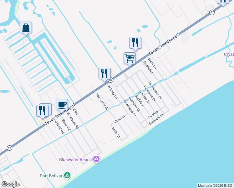 map of restaurants, bars, coffee shops, grocery stores, and more near 967 Townsend Drive in Bolivar Peninsula