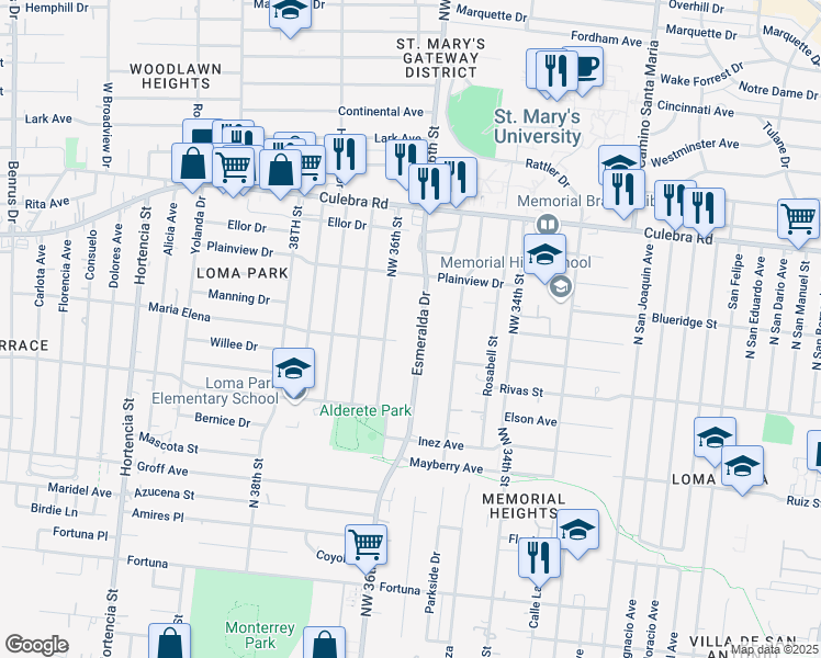 map of restaurants, bars, coffee shops, grocery stores, and more near 233 Esmeralda Drive in San Antonio