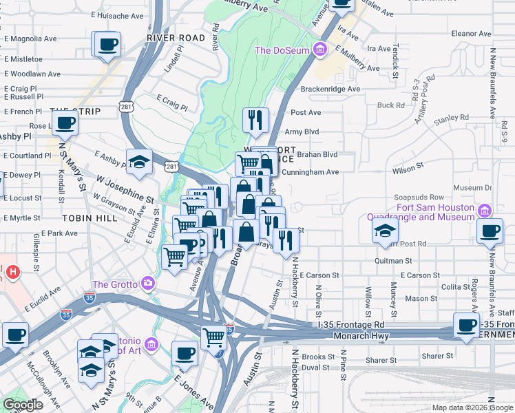 map of restaurants, bars, coffee shops, grocery stores, and more near 2023 North Alamo Street in San Antonio