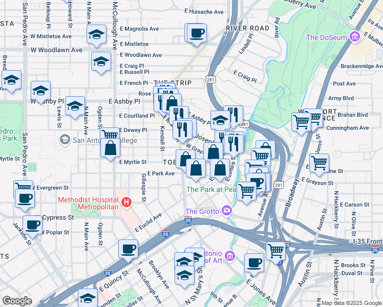 map of restaurants, bars, coffee shops, grocery stores, and more near 2020 North Saint Mary's Street in San Antonio