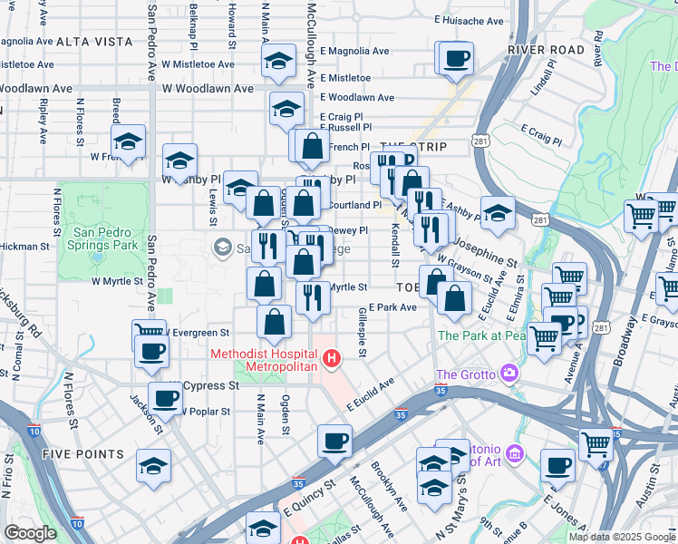 map of restaurants, bars, coffee shops, grocery stores, and more near 401 East Myrtle Street in San Antonio