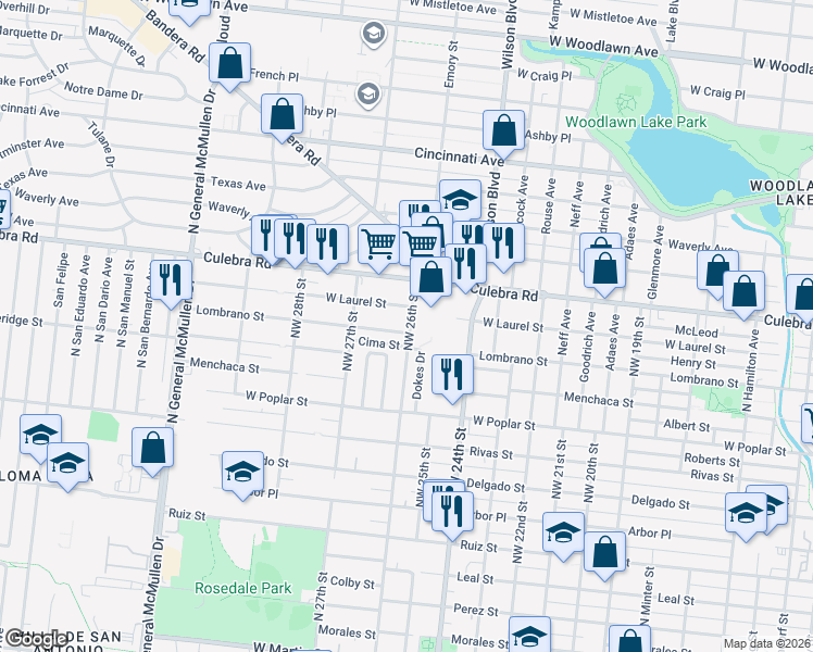 map of restaurants, bars, coffee shops, grocery stores, and more near 2622 Lombrano Street in San Antonio