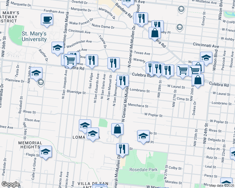 map of restaurants, bars, coffee shops, grocery stores, and more near 603 North San Augustine Avenue in San Antonio