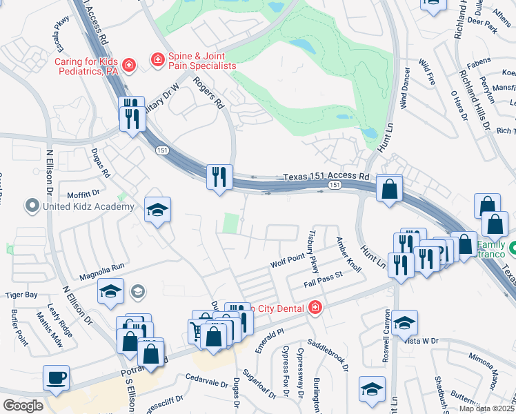 map of restaurants, bars, coffee shops, grocery stores, and more near 9922 Texas 151 in San Antonio