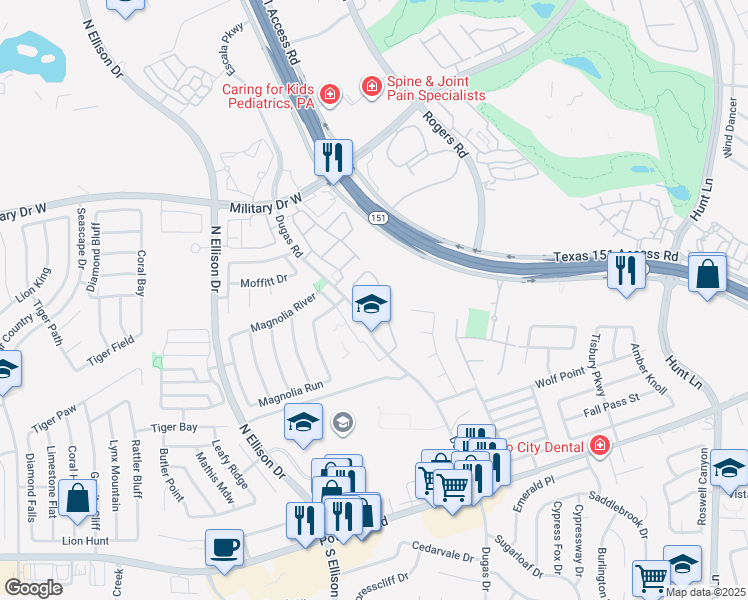 map of restaurants, bars, coffee shops, grocery stores, and more near 9032 Dugas Drive in San Antonio
