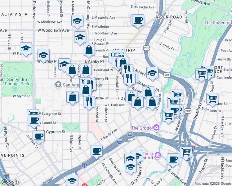 map of restaurants, bars, coffee shops, grocery stores, and more near in San Antonio