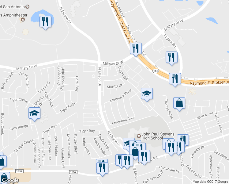 map of restaurants, bars, coffee shops, grocery stores, and more near 1103 Coe Drive in San Antonio