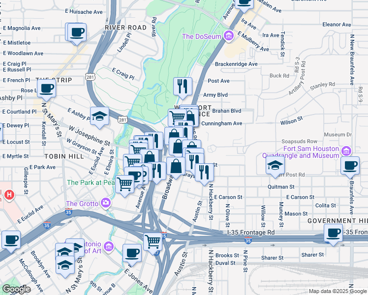 map of restaurants, bars, coffee shops, grocery stores, and more near 2023 North Alamo Street in San Antonio