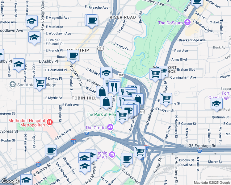 map of restaurants, bars, coffee shops, grocery stores, and more near 102 East Josephine Street in San Antonio