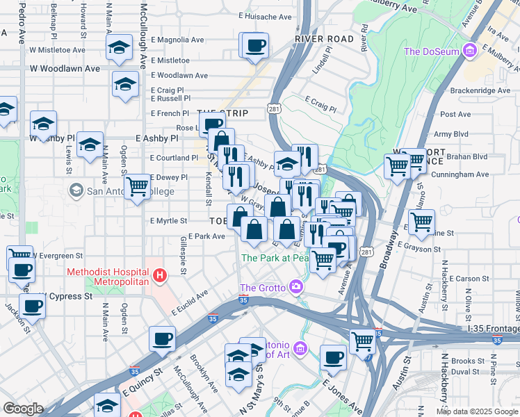 map of restaurants, bars, coffee shops, grocery stores, and more near 238 West Grayson Street in San Antonio