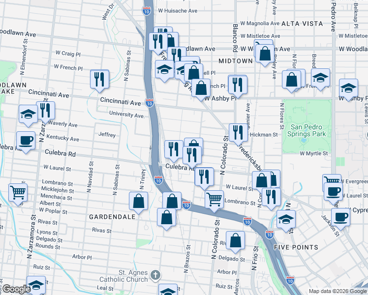 map of restaurants, bars, coffee shops, grocery stores, and more near 331 Cornell Avenue in San Antonio